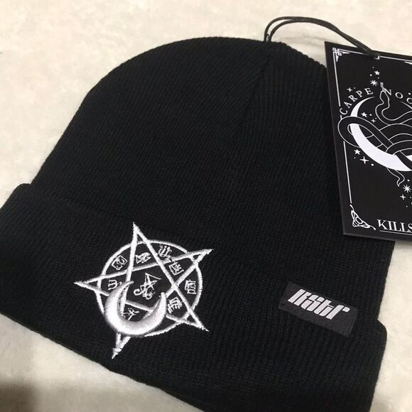 Killstar Pentagram Beanie ✦ Black Knit Occult Embroidery ✦ Unisex Alt-Core Hat - Picture 3 of 7